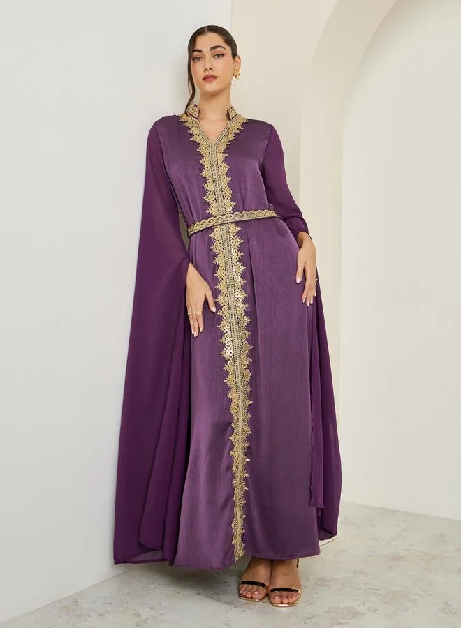Amirah Women Purple Satin Embroidered Jalabiya